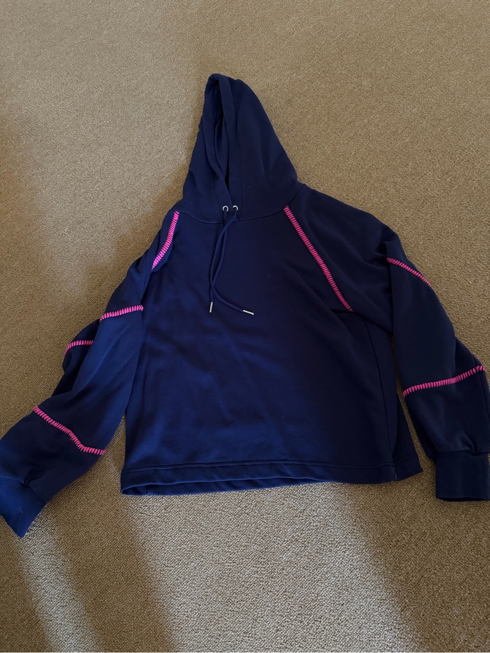 Evereve Navy Hooded Sweater with Pink Contrast Stitching